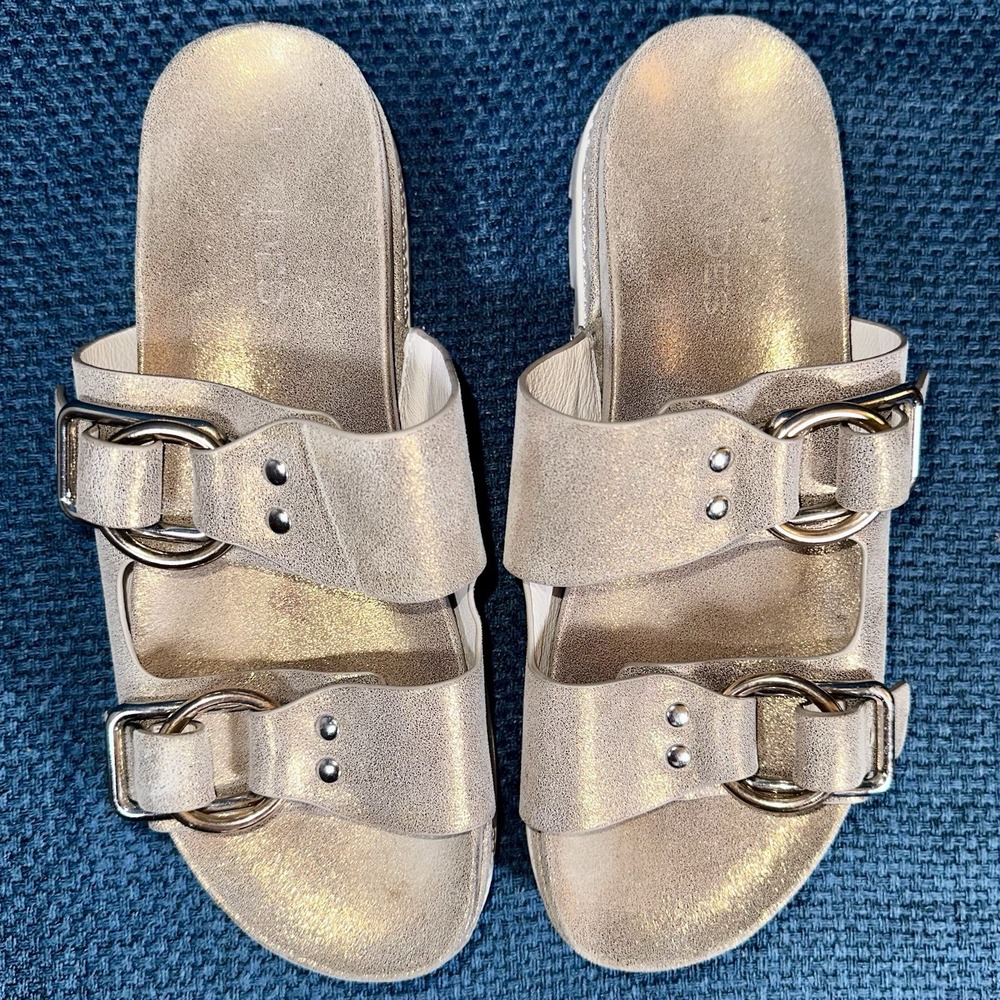 J Slides Baha Leather Slides Sandals Womens 8.5 Champagne Gold Platform Buckle